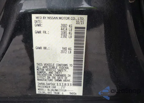 2016 Nissan Altima 3.5 Sl/3.5 Sr z USA, uszkodzony, nr VIN 1N4BL3AP3GC111833